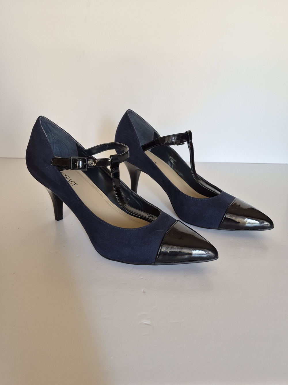Ellen Tracy Navy Suede T-Strap Heels with Black Patent Toe